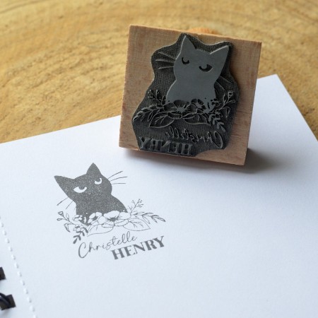 Tampon Ex Libris Chat Noir fleuri